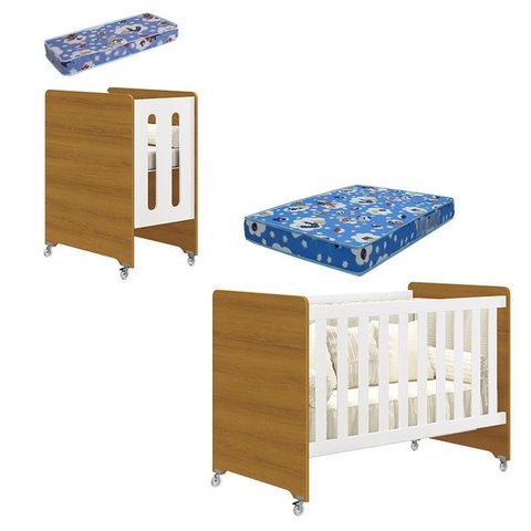 Berço Americano Evolution 4 em 1 Branco Acetinado Savana com Colchão Mini e Colchão Americano Ortobo