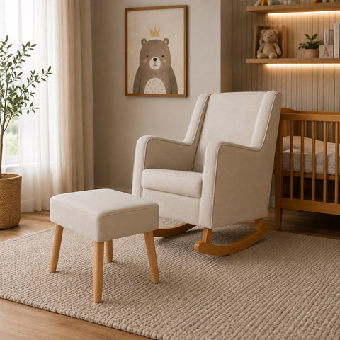 Cadeira Poltrona de Amamentação e Balanço C/ Puff Linho Bege - Lahome Decor Aquila