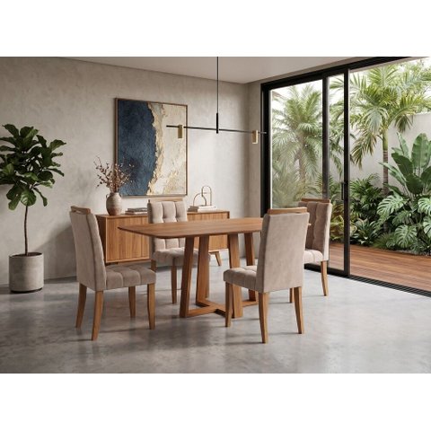 Sala de Jantar Istambul 135cm Barril s/Vidro com 4 Cadeiras Madeira Maciça Londres Cinamomo Veludo a