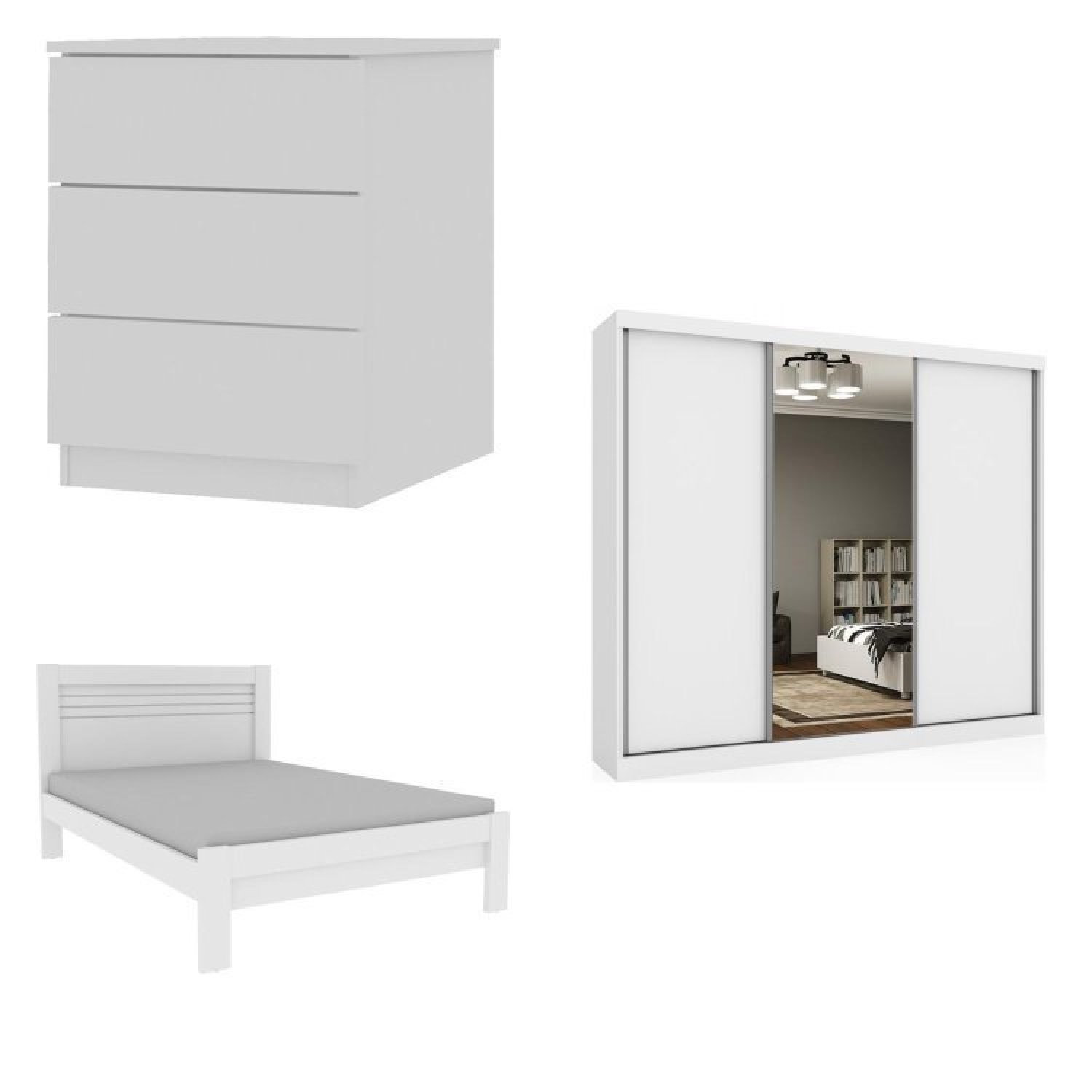 Quarto Completo Guarda Roupa 3 Portas Cama Casal e Mesa de Cabeceira 3 Gavetas Milão  - 2