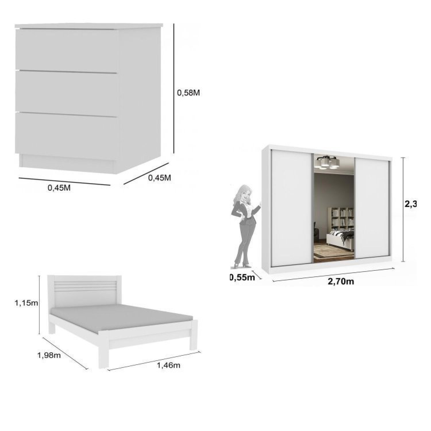 Quarto Completo Guarda Roupa 3 Portas Cama Casal e Mesa de Cabeceira 3 Gavetas Milão  - 3