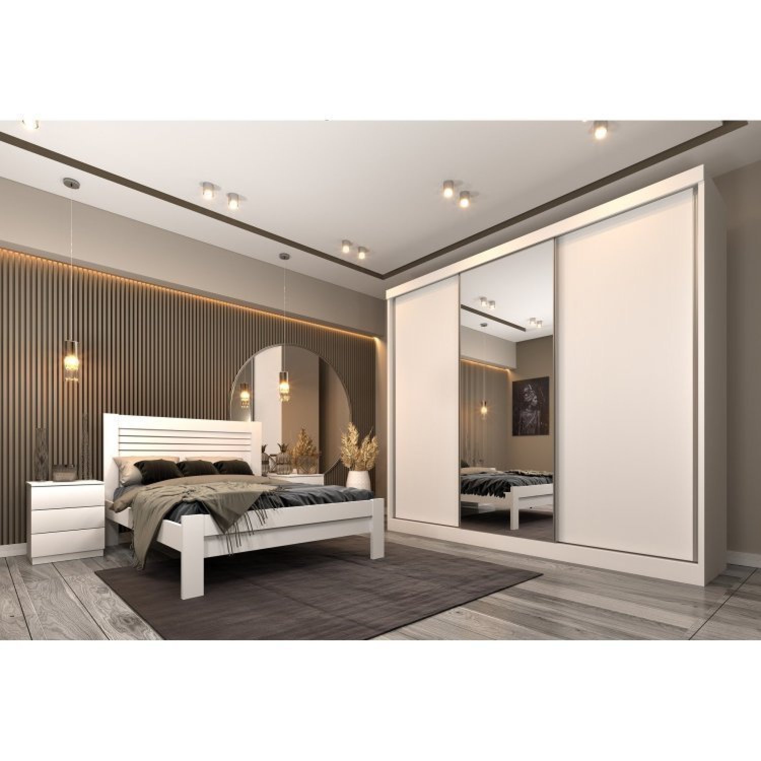 Quarto Completo Guarda Roupa 3 Portas Cama Casal e Mesa de Cabeceira 3 Gavetas Milão  - 1