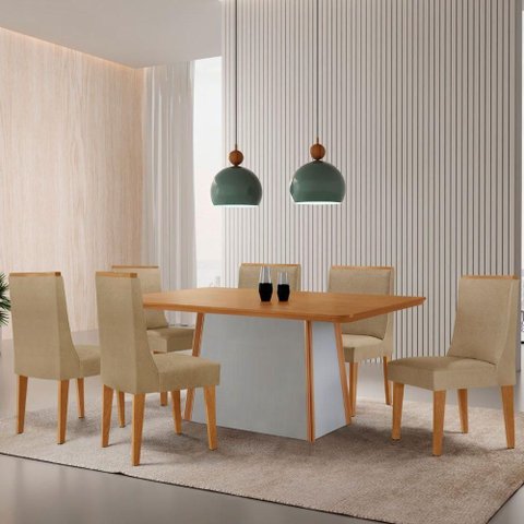 Mesa de Jantar Diane 180cm Tampo MDF Lam 6 Cadeiras Lisboa Moderna Turim 07 Naturale Off White