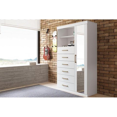 Cômoda de Quarto Marabá 1.6 C/ 1 Porta 2 Nichos e 6 Gavetas C/ Espelho Branco - Santos Andirá
