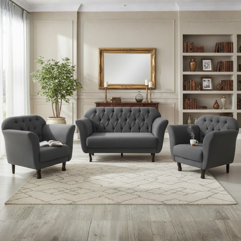 Kit Namoradeira + 2 Poltronas Decorativa Dália Suede Cinza Pés Madeira Mz Decor