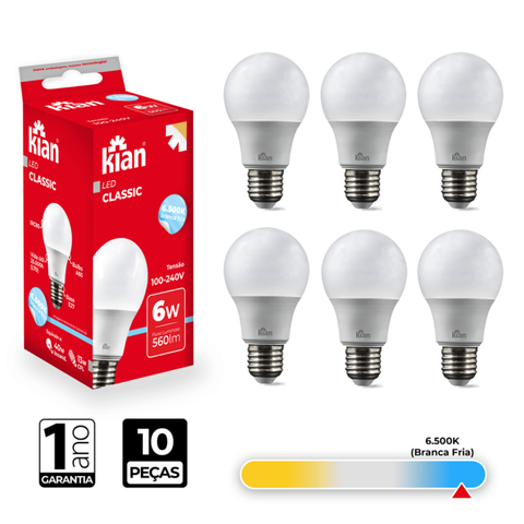 Kit 10 Lâmpada Led Classic 6w 6.500k Branca Fria Bivolt Kian
