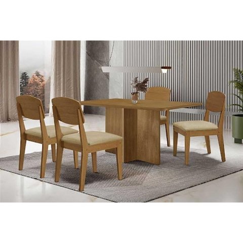 Conjunto: Mesa Sala Jantar Berlim Curvo 120cm + 4 Cadeiras Havana Naturale - Suede Creme - Rufato