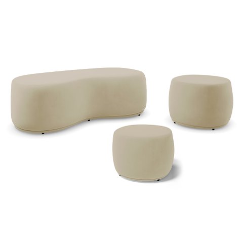 Conjunto 03 Puffs Decorativos Living Aisha Orgânico Veludo Bege - Desk Design