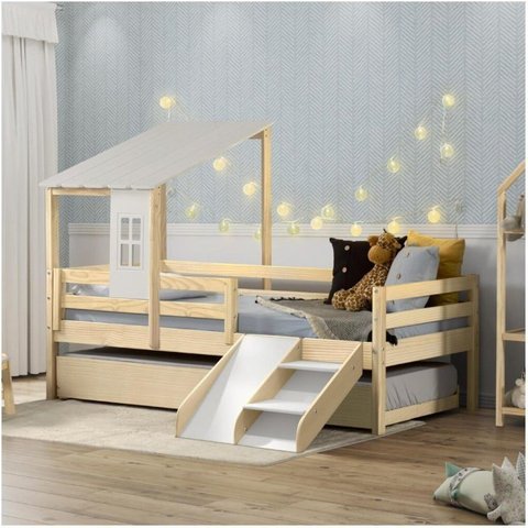 Bicama Solteiro Infantil Prime Telhadinho Ii e Escadinha/Escorrega Casatema MadeiraOriginals Marrom/Branco