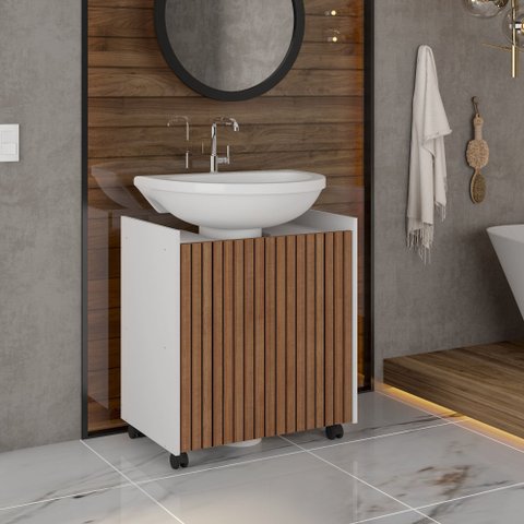 Gabinete Armário Banheiro Pia de Coluna Eccos Potenza Branco/ripado