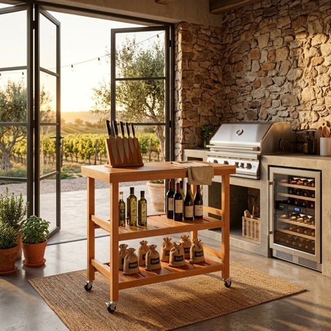 Carrinho Gourmet Multiuso Madeira Eucalipto Auxiliar Rodas