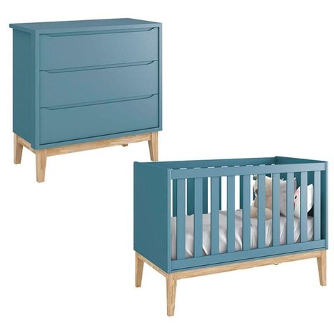 Berço Americano e Cômoda Gaveteiro New Classic Azul com Pés Madeira – Reller