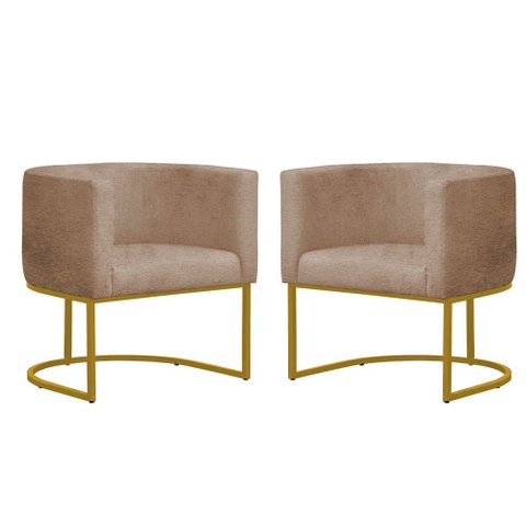 Kit 2 Poltronas Reforçada Decorativa Sala Estar Jantar Gabriela Base Ferro Dourado Suede Capuccino