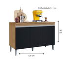 Ver imagem 3 de Balcão Multiuso para Cozinha Moderno 1,2m 3 Portas - Manu: Amendoa/preto