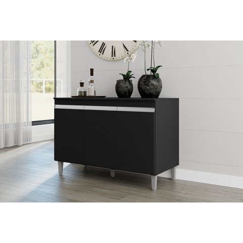Balcão Multiuso para Cozinha Moderno 1,2m 3 Portas - Manu: Amendoa/preto