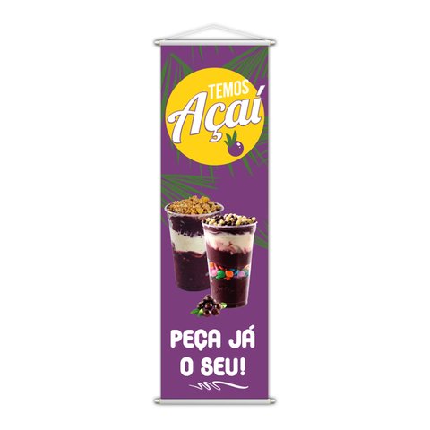 Banner Açaí Sorvete Temos Açaí Comércio Vertical Lona 30x100cm Completo Kanto Store