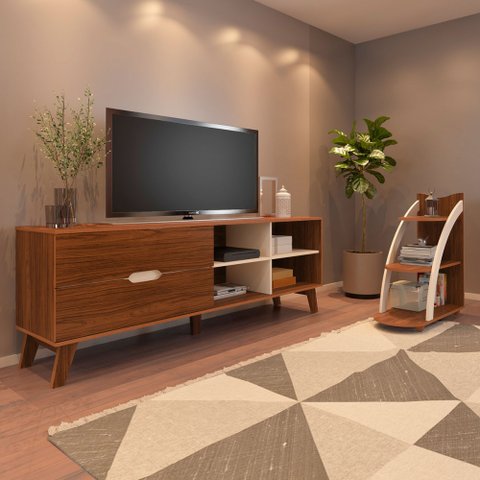 Sala de Estar Completa Verona 2 Gavetas 4 Prateleiras Cedro/off White - Panorama Móveis