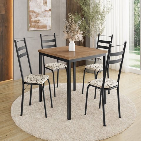 Conjunto Sala de Jantar Mesa Quadrada 90cm Tampo BP com 4 Cadeiras Adriana Preto/Madeira Cedro/Demolição