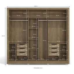 Guarda Roupa Casal Armário Roupeiro 260 cm 3 Portas 6 Gavetas 7 Prateleiras Quarto Marrom Nogueira - 2