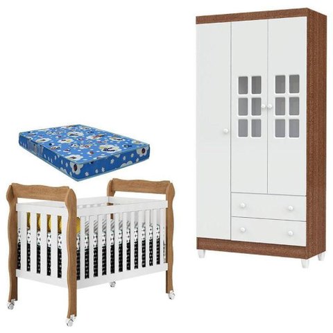 Berço Lila e Guarda Roupa Mariah 3 Portas Branco Acetinado Amadeirado com Colchão – Carolina