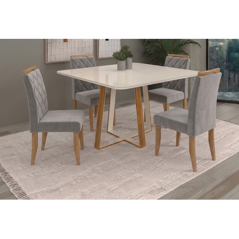 Sala de Jantar Dallas 90cm c/Vidro com 4 Cadeiras Madeira Maciça Bali Cinamomo/Off Veludo Prata