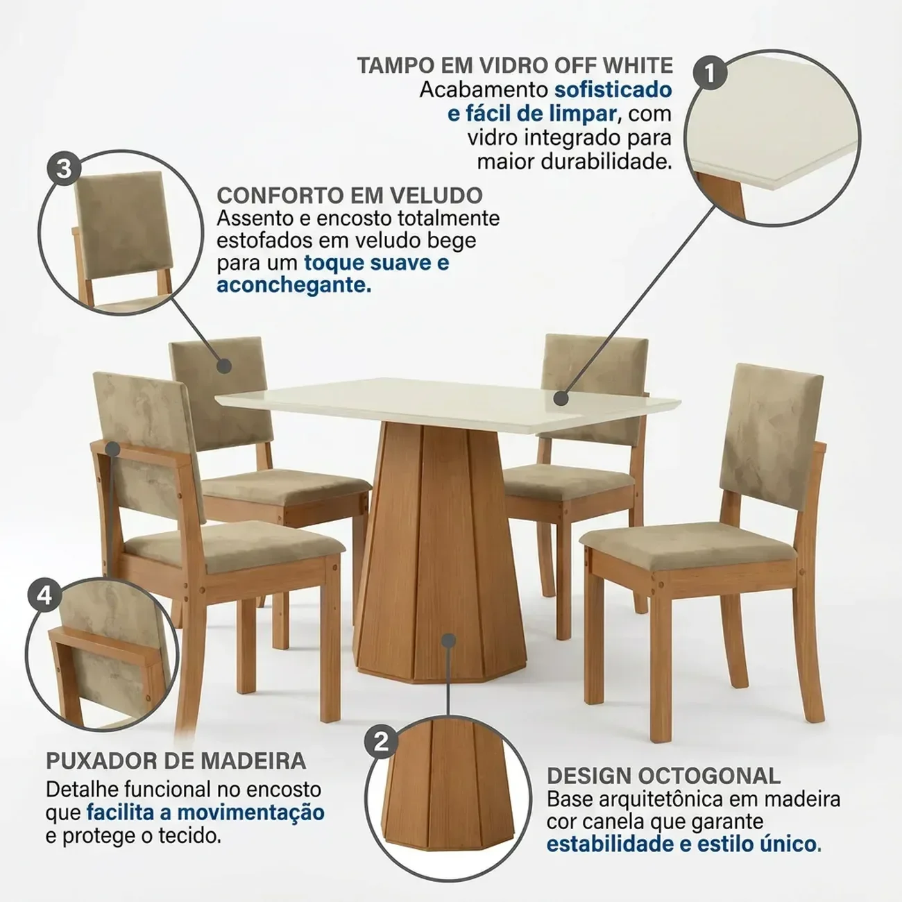 Ver imagem 4 de Conjunto Mesa de Jantar e 4 Cadeiras Estofadas com Tampo MDF e Vidro Jade 120x80cm Off White/Marrom