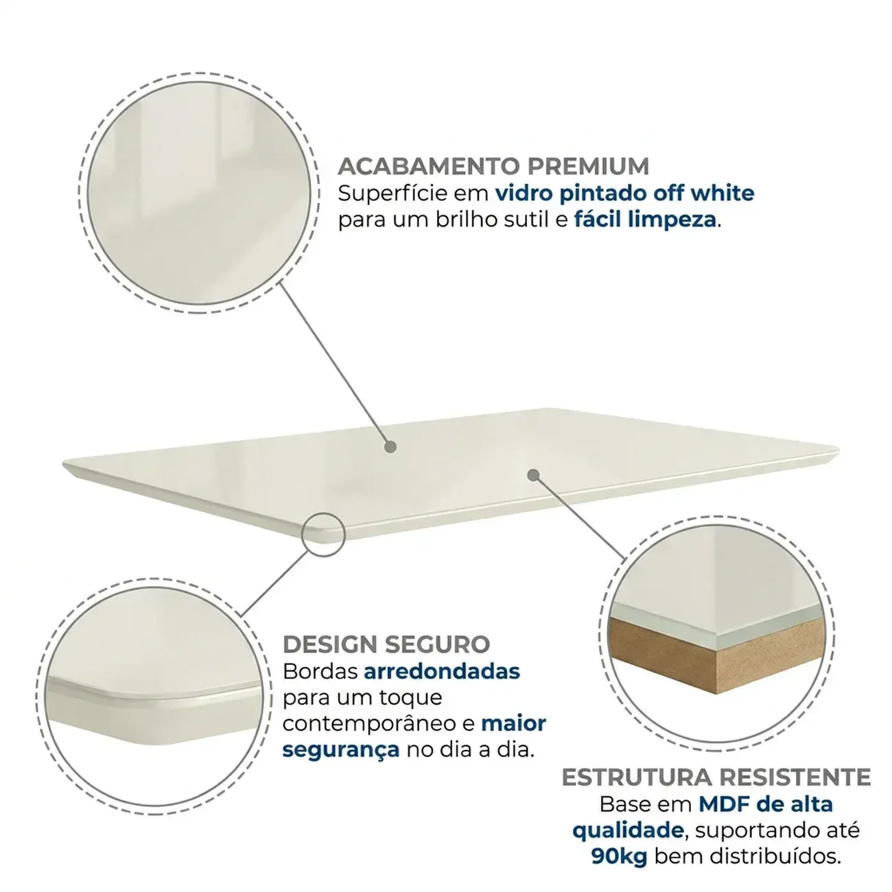 Ver imagem 5 de Conjunto Mesa de Jantar e 4 Cadeiras Estofadas com Tampo MDF e Vidro Jade 120x80cm Off White/Marrom