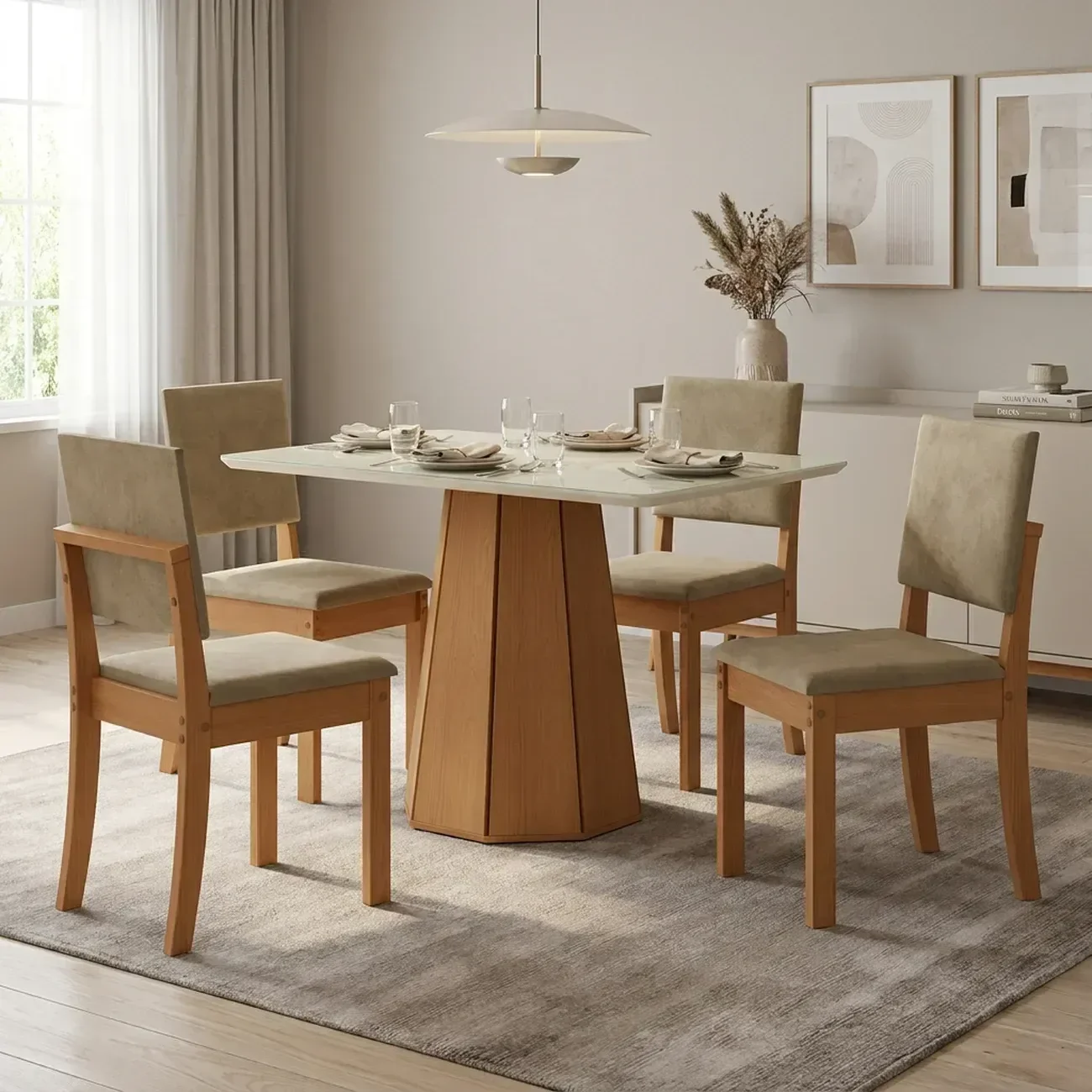 Ver imagem 1 de Conjunto Mesa de Jantar e 4 Cadeiras Estofadas com Tampo MDF e Vidro Jade 120x80cm Off White/Marrom