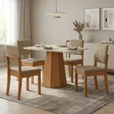 Ver imagem 1 de Conjunto Mesa de Jantar e 4 Cadeiras Estofadas com Tampo MDF e Vidro Jade 120x80cm Off White/Marrom