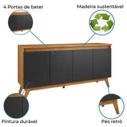 Balcão Buffet 4 Portas c/ Pés Retro Filipe Viero Mel/Preto - 5 Balcão Buffet 4 Portas c/ Pés Retro Filipe Viero Mel/Preto - 5