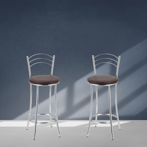 Kit 2 Banquetas Médias Cromadas com Assento Estofado e Encosto para Bancada Cozinha e Área Gourmet Cinza/Cromado/Marrom