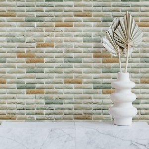Papel de Parede Adesivo Tijolinho em Tons Verde e Bege 3m