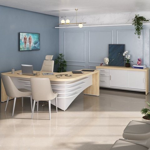 Conjunto 2 Peças com Mesa para Escritório Diretor em L em Tamburato e Armário Multiuso Baixo com 3 Gavetas 2 Portas Carvalho Branco