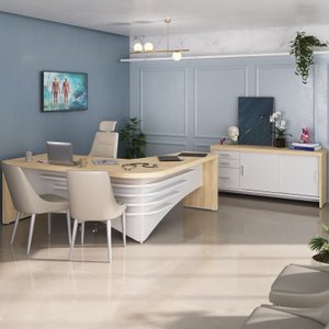 Kit 2 Peças com Mesa para Escritório Diretor em L em Tamburato e Armário Multiuso Baixo com 3 Gavetas 2 Portas