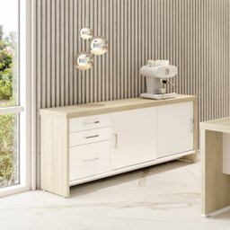 Kit 2 Peças com Mesa para Escritório Diretor em L em Tamburato e Armário Multiuso Baixo com 3 Gavetas 2 Portas - 18