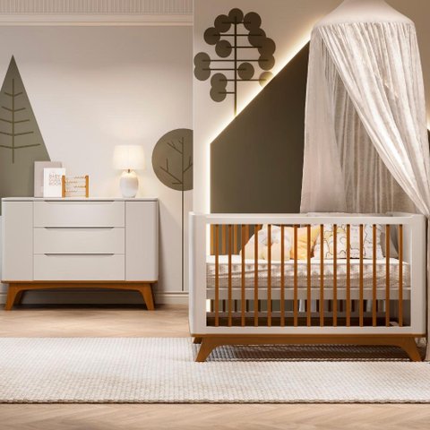 Quarto de Bebê Completo Com Berço Redondo e Cômoda Sambalelê - mel/branco