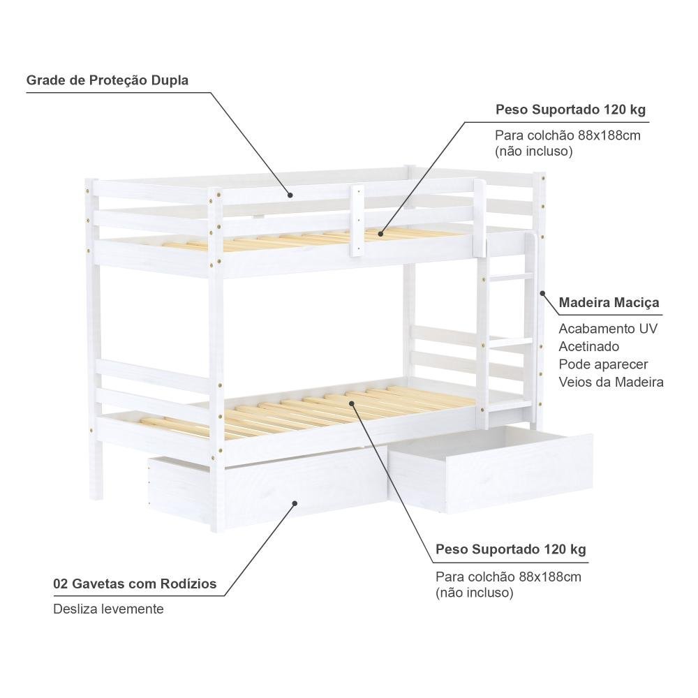 Beliche Solteiro Slim com 02 Gavetas Madeira Maciça Branco Housin - 5