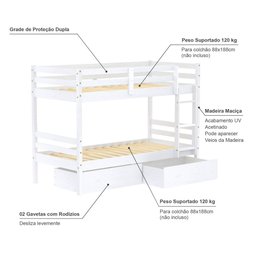 Beliche Solteiro Slim com 02 Gavetas Madeira Maciça Branco Housin - 5