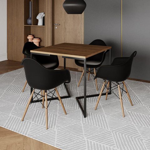 Mesa Jantar Industrial Quadrada Amêndoa 90Cm Base V Ferro Preto C/4 Poltronas Pretas Cor: Amendoa