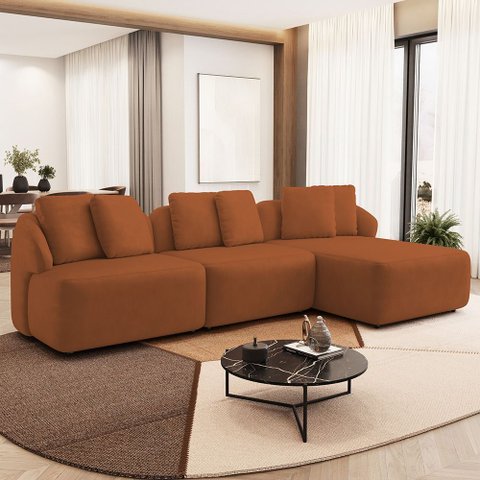 Sofá 3 Lugares com Chaise Direito Sala Living 248cm Arlo F04 Veludo Telha - Lyam Decor