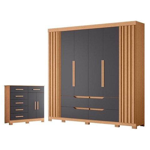 Guarda Roupa Casal Doble 06 Portas e Cômoda Xangai 06 Gavetas 02 Portas Freijo Titanium - Móveis
