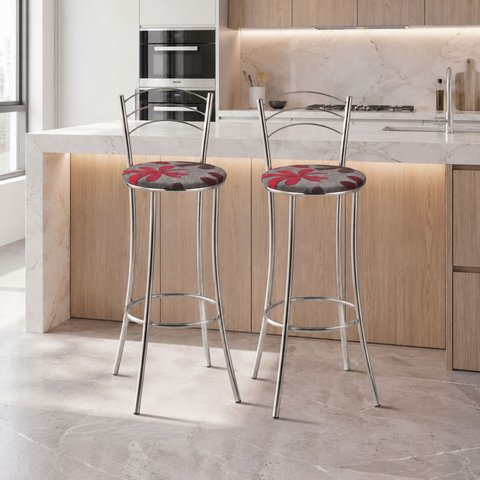 Kit 2 Banquetas Altas Cromadas com Assento Estofado e Encosto para Bancada Cozinha e Área Gourmet Cromado/Estampado