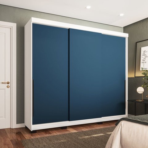 Guarda-Roupa Casal 3 Portas Correr Madrid Azul/Branco