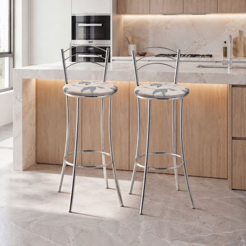 Kit 2 Banquetas Altas Cromadas com Assento Estofado e Encosto para Bancada Cozinha e Área Gourmet Cromado/Bege