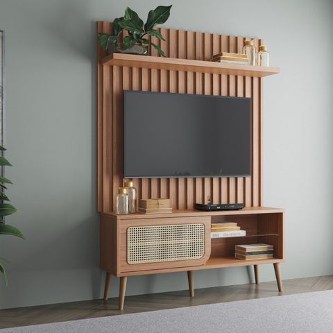 Rack com Painel Ripado Retrô para TV até 55 Polegadas 100% MDF 139cmx197cm Porta Telada Marrom Freijó