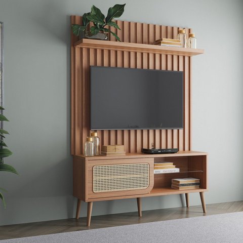 Rack com Painel Ripado Retrô para TV até 55 Polegadas com LED 100% MDF 139CMX197CM Porta Telada Marrom