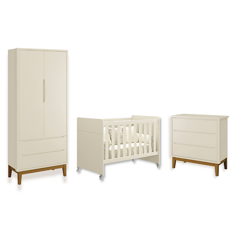 Quarto de Bebê Berço Evolution + Guarda Roupa Classic + Cômoda 3 Gavetas Classic Areia Fosco