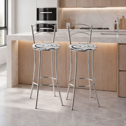 Kit 2 Banquetas Altas Cromadas com Assento Estofado e Encosto para Bancada Cozinha e Área Gourmet Cromado/Branco