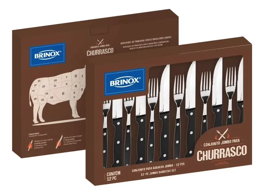 Jogo Talheres Churrasco 12pçs Faqueiro Facas Garfos Brinox:preto - 2