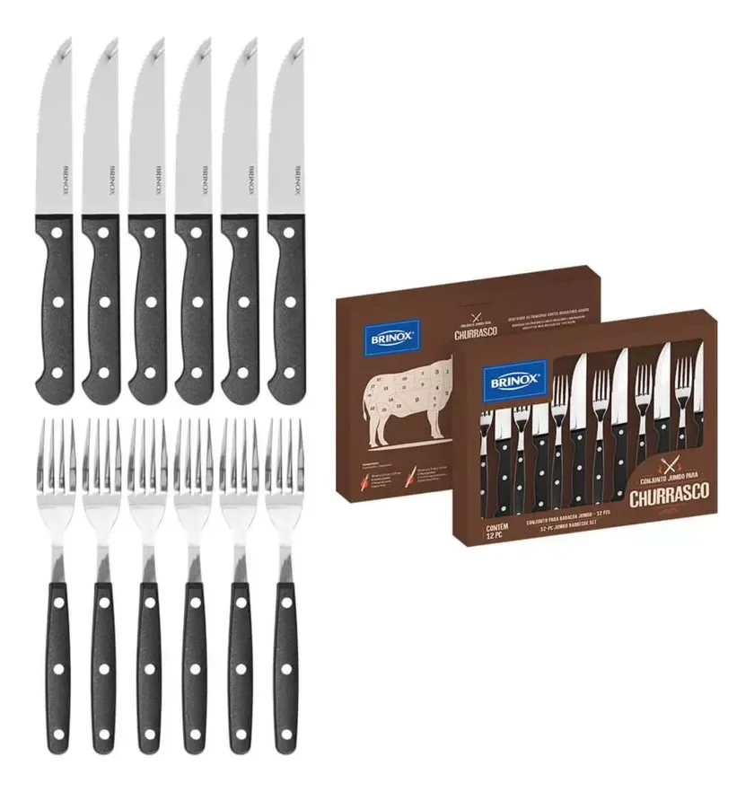 Jogo Talheres Churrasco 12pçs Faqueiro Facas Garfos Brinox:preto